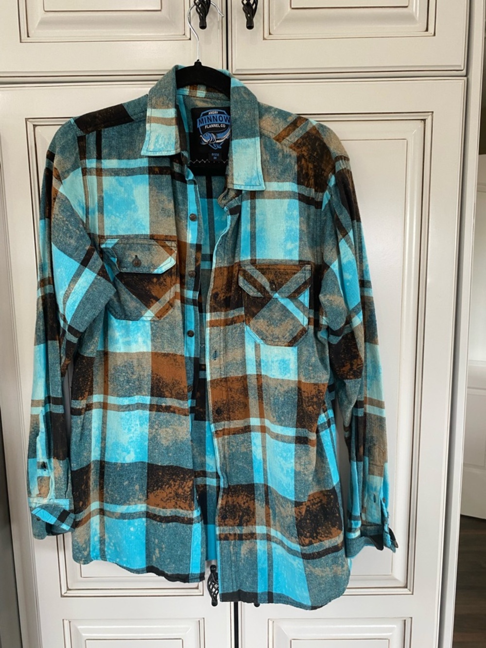 Plaid Button-Down Shirt Jacket in Turquoise & Brown with Graphic Back - Picture 2 of 4